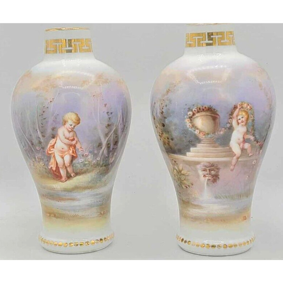 Antique Dresden Hand-Painted Pair of 7 1/4"H Vases. Work of Art. - Picture 7 of 16